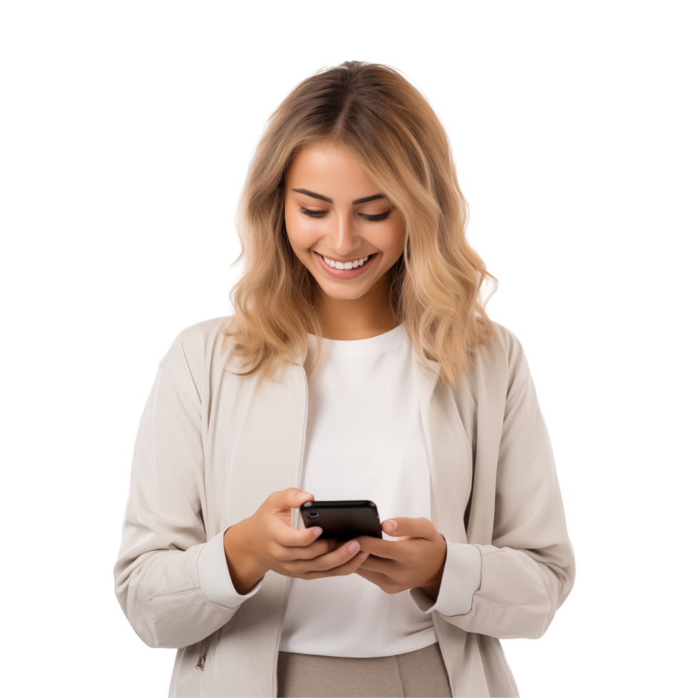 Smiling Young Woman Texting On Smartphone While Standing Against Transparent Background png