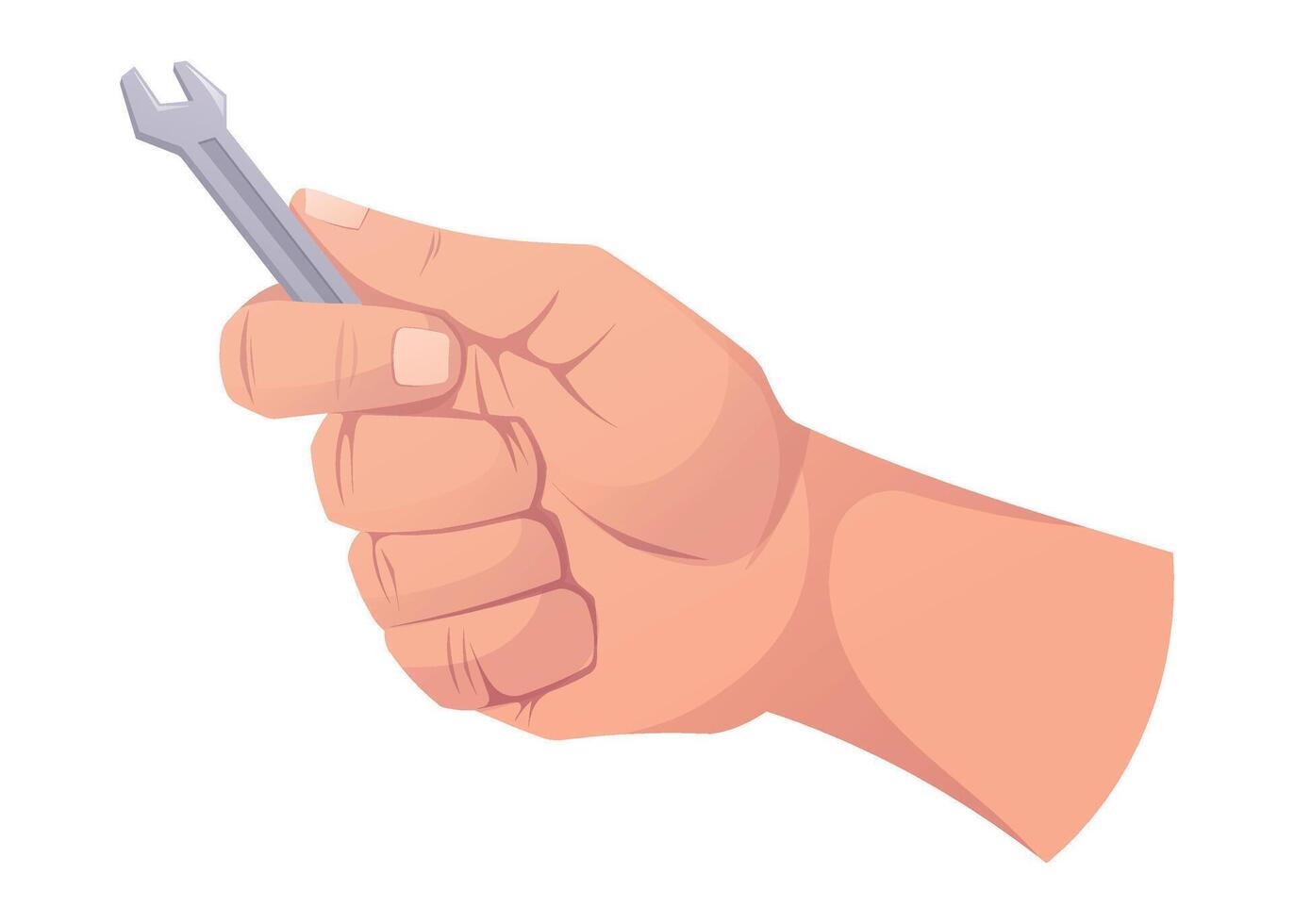 Male hand holding small metal wrench. Craftsman or repairman with working tool. isolated on white cartoon illustration. vector