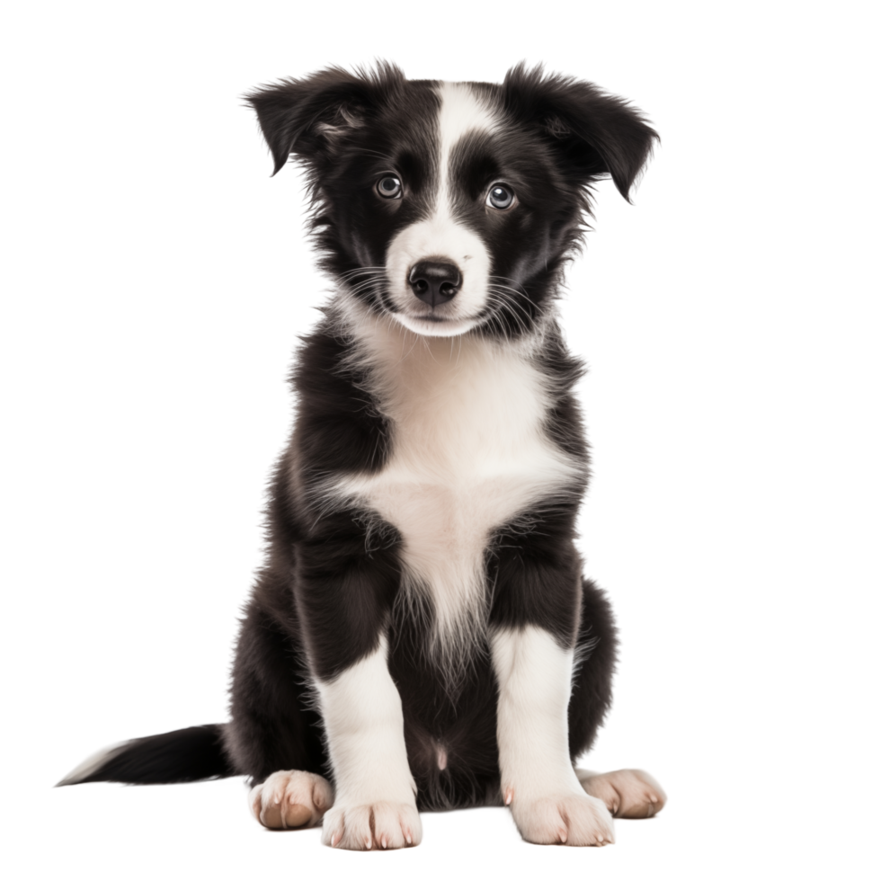 Adorable Black And White Puppy Sitting And Looking At Camera On Transparent Background png