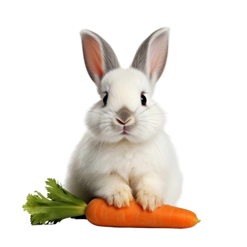 A white rabbit with a carrot on a black background png
