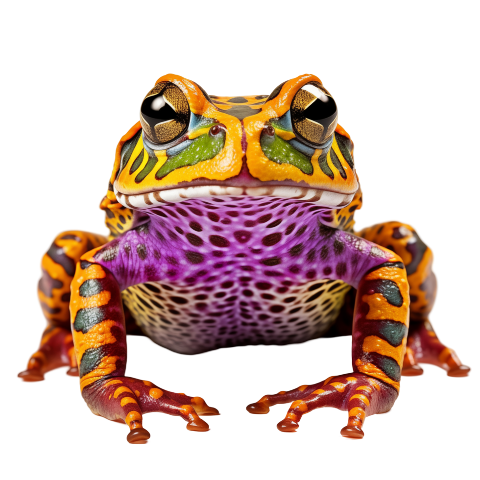 Vibrant Colorful Frog With Patterned Skin Sitting On Transparent Background png