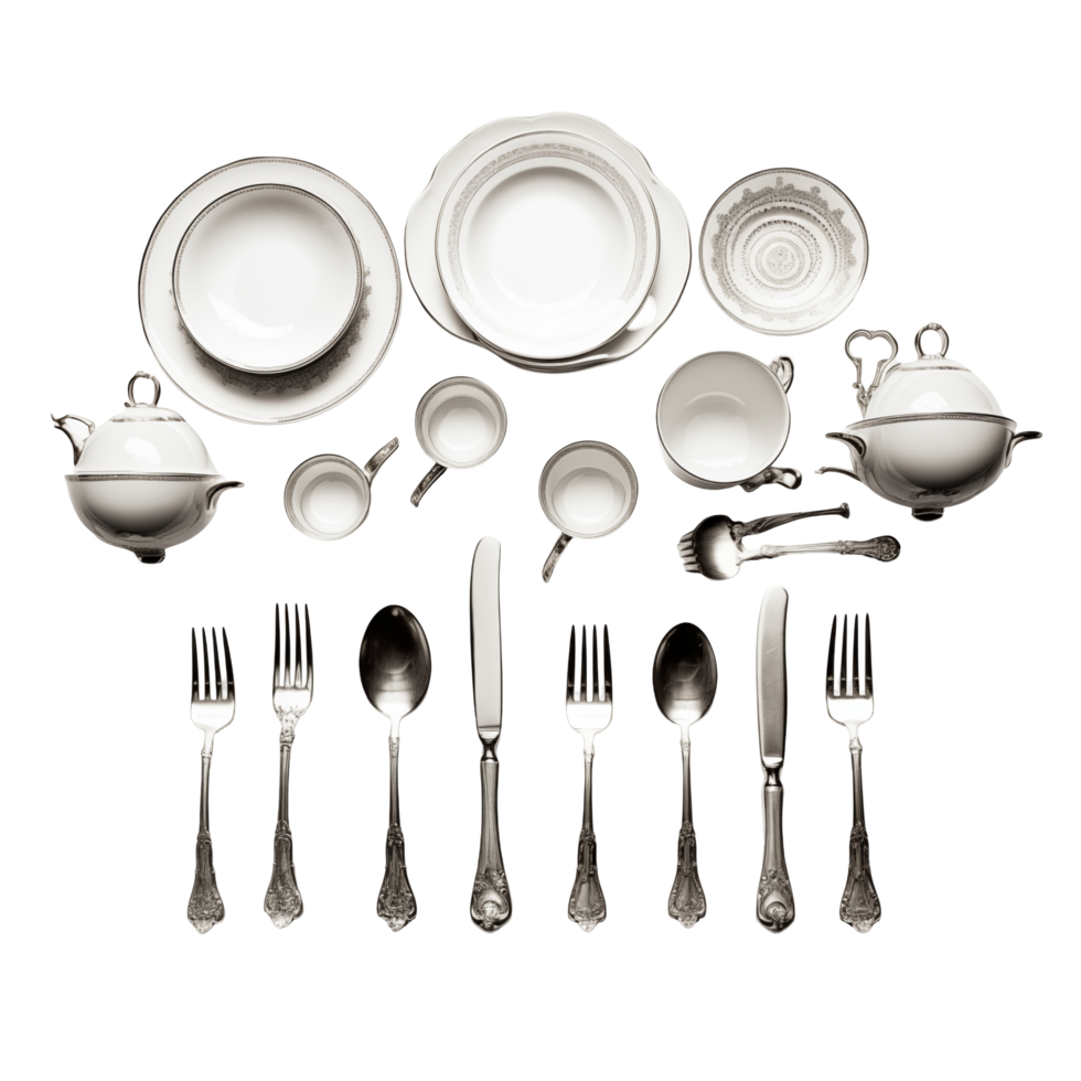 A black and white photo of a set of silverware png