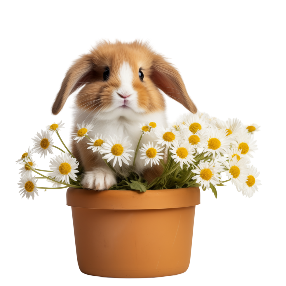 A bunny sitting in a flower pot with daisies png