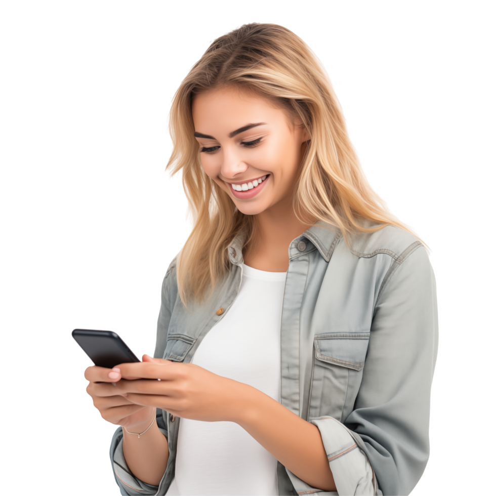 A woman smiling while using her phone png