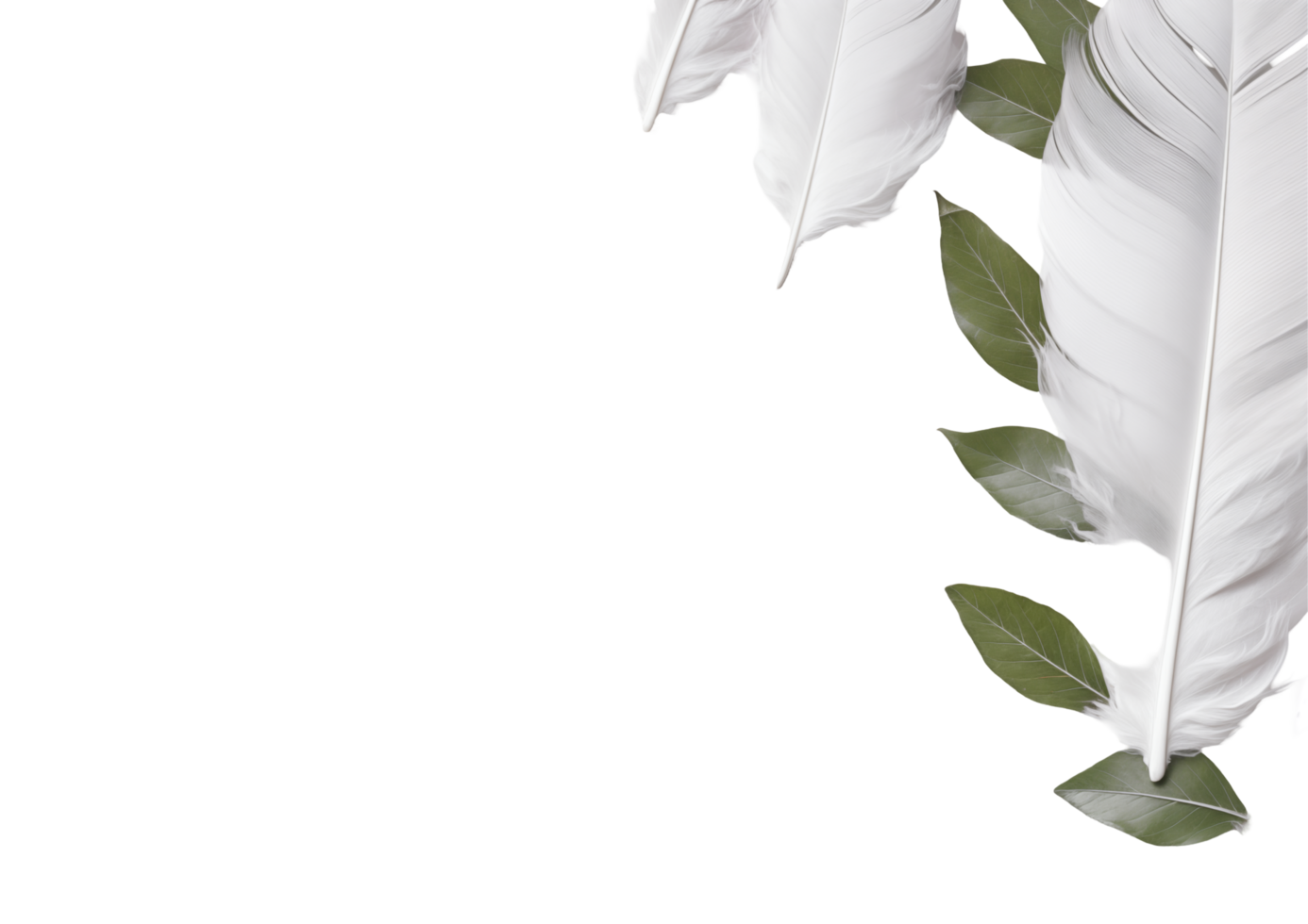 White Feathers With Green Leaves And Small Pebbles On A Minimalist White Background png