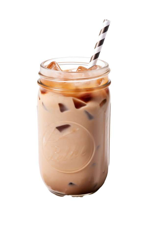 Iced Coffee In A Mason Jar With Black And White Straw And Coffee Beans On Transparent Background png