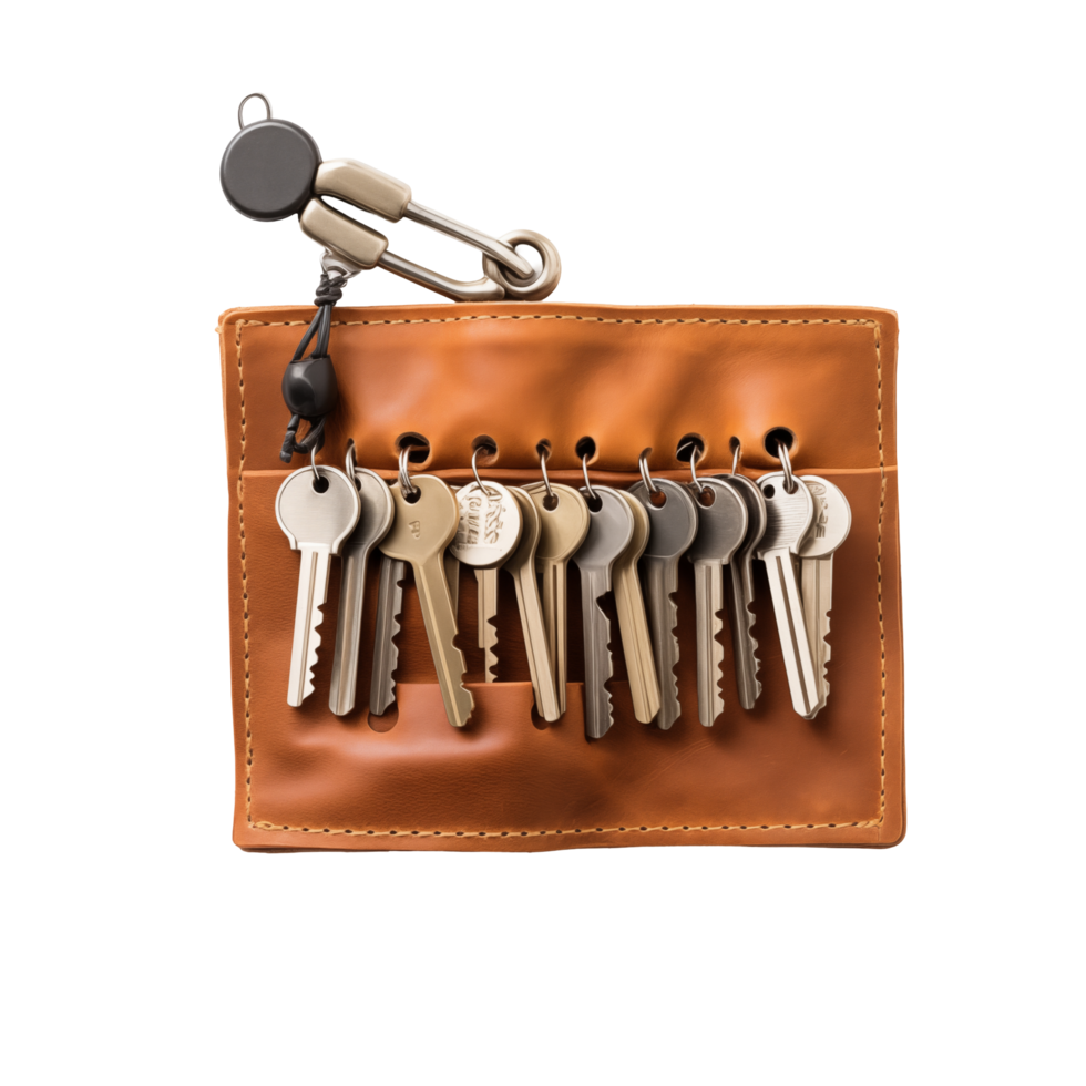 Leather Key Holder With Multiple Silver Keys Attached And Black Clip On Transparent Background png