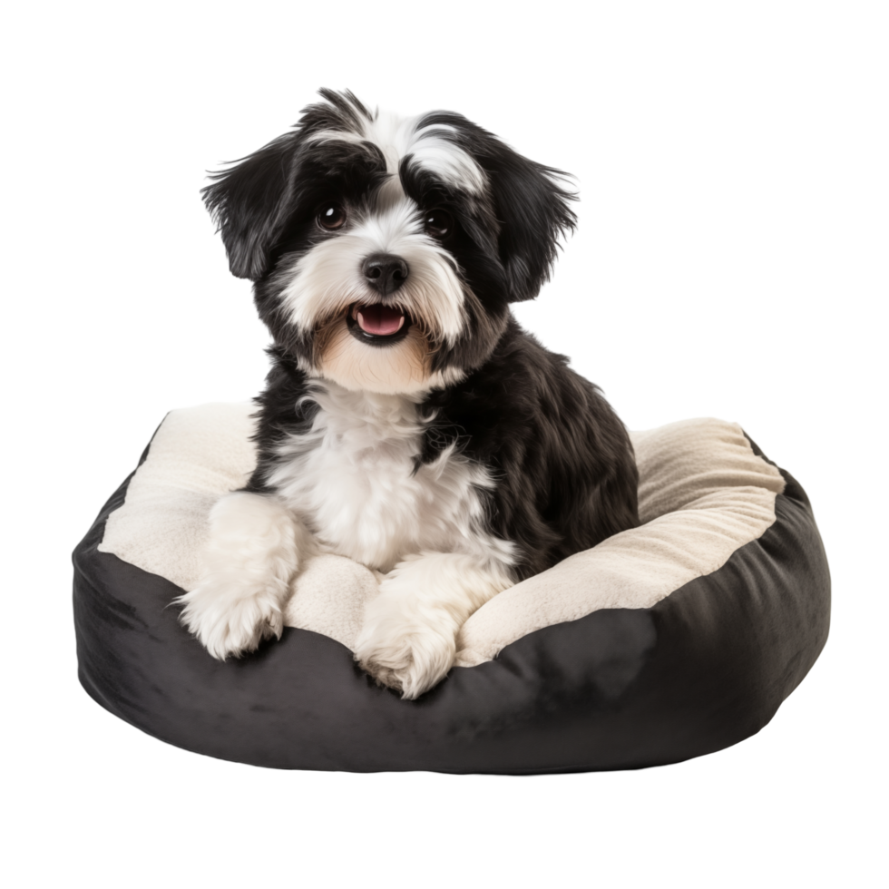 Adorable Black and White Dog Relaxing in a Cozy Bed with Soft Cushions On Transparent Background png