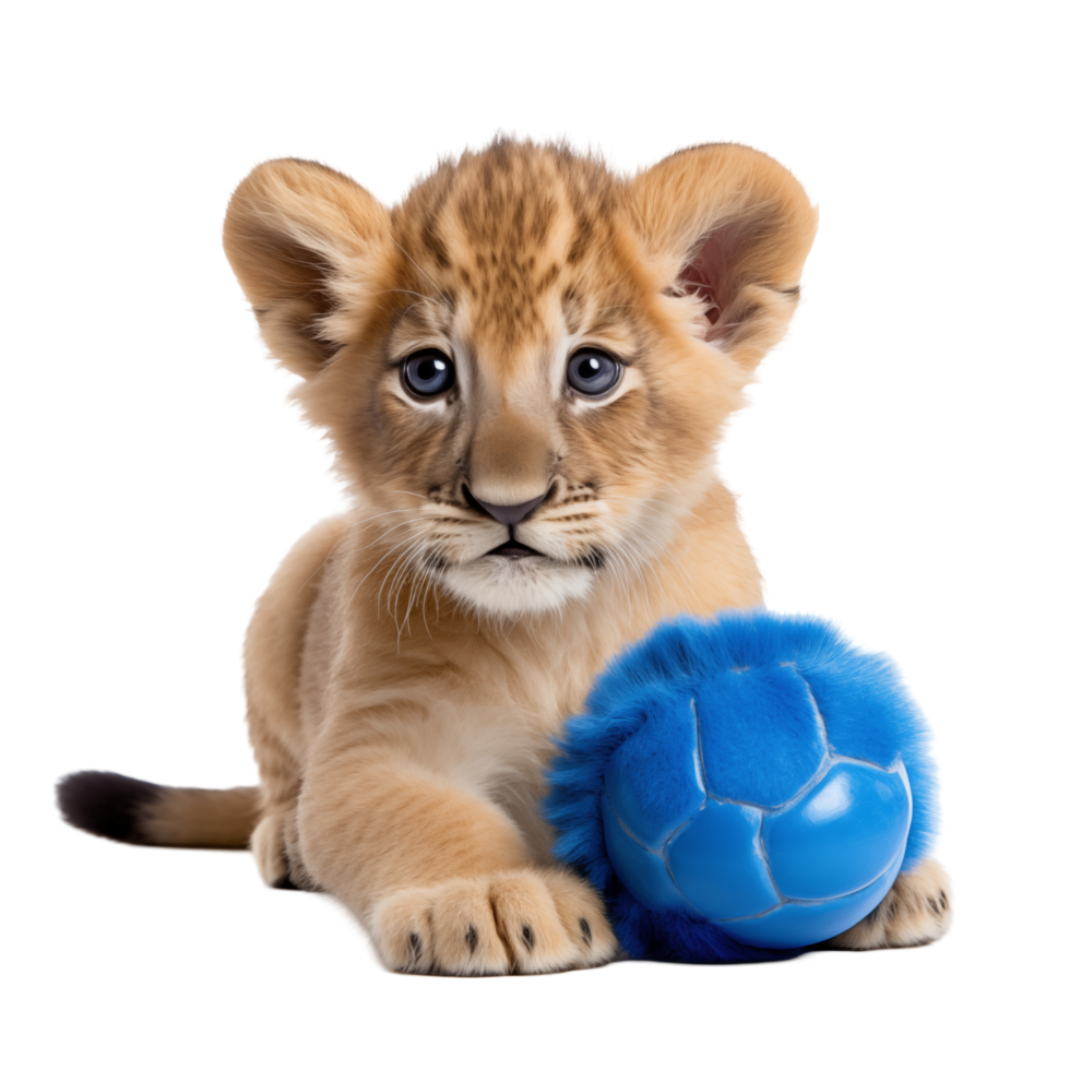 Cute Lion Cub Playing with a Blue Fuzzy Toy Ball On Transparent Background png