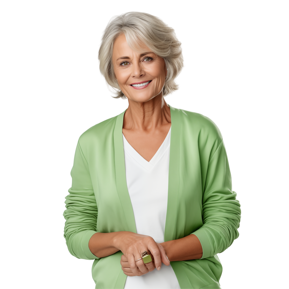 Portrait Of A Smiling Senior Woman In Green Cardigan And White Shirt png