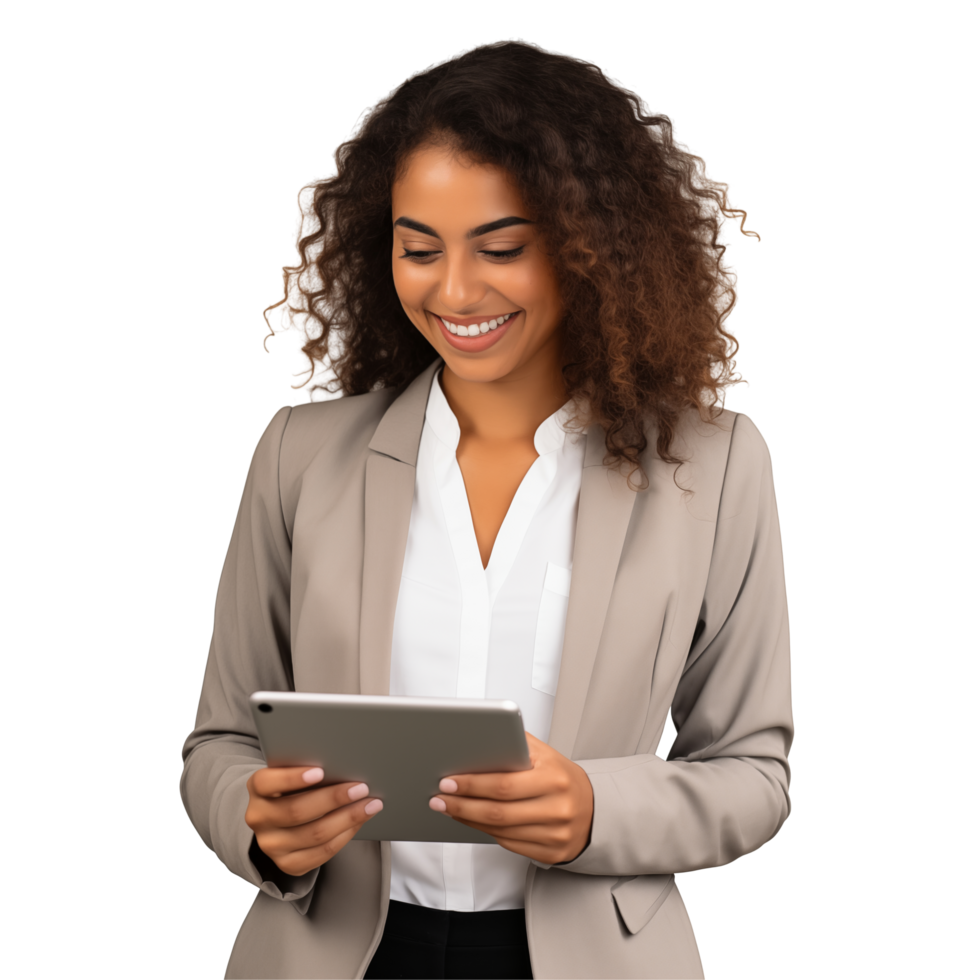 Smiling Businesswoman Using A Tablet On Transparent Background png