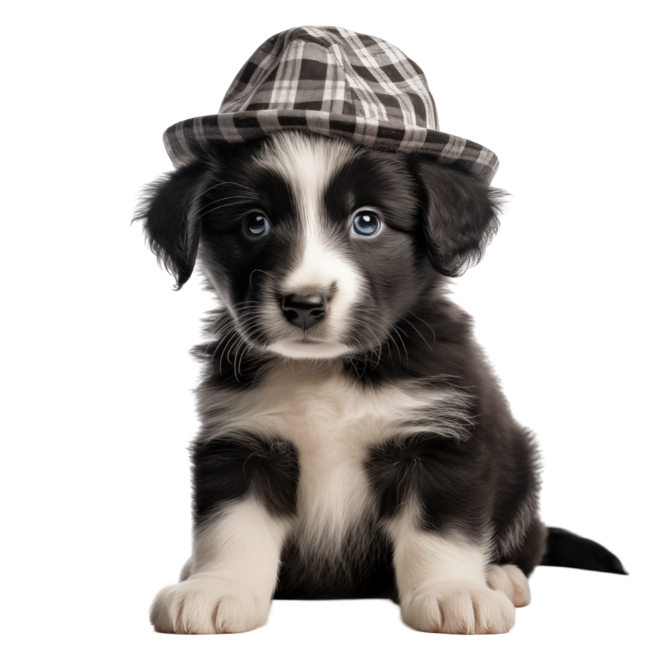 Adorable Black And White Puppy Wearing A Plaid Hat Sitting On A Transparent Background png