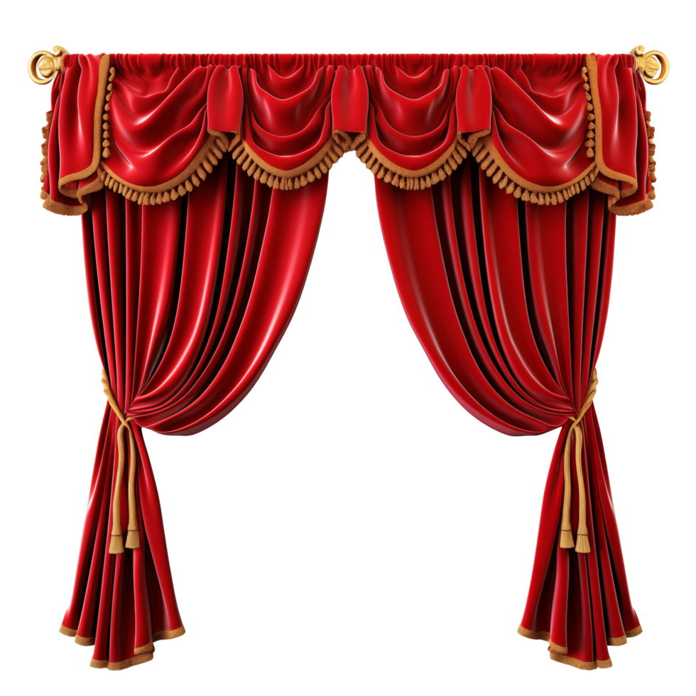 Elegant Red Velvet Theater Curtain With Tassels And Gold Detailing png