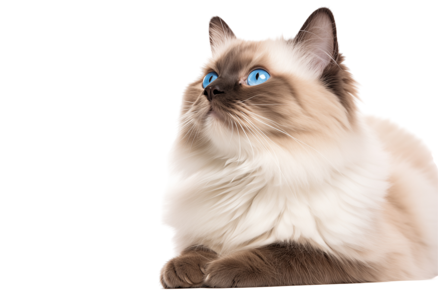 Fluffy Ragdoll Cat With Striking Blue Eyes Looking Upward On Transparent Background png