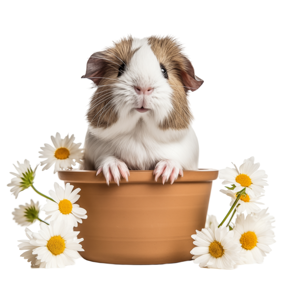 Cute Guinea Pig Sitting Inside Flower Pot Surrounded By White Daisies On A Transparent Background png