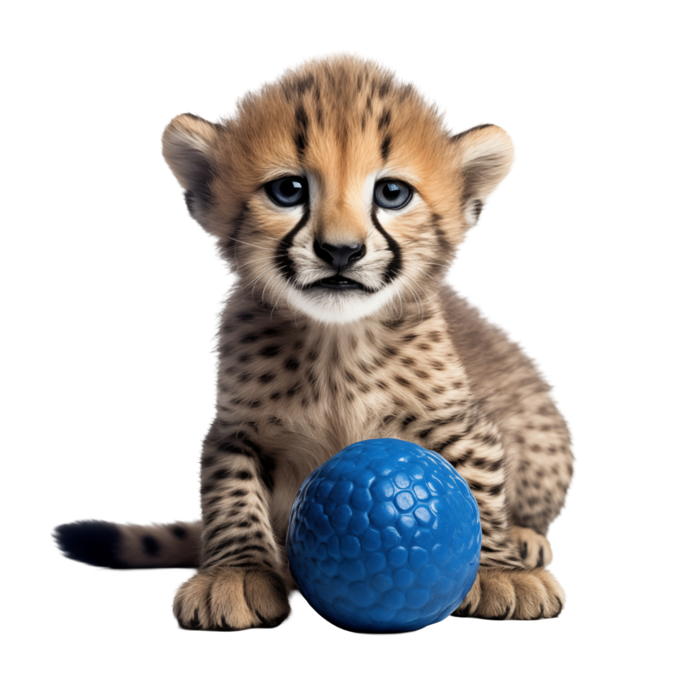 Adorable Baby Cheetah Sitting With A Blue Ball On A Transparent Background png