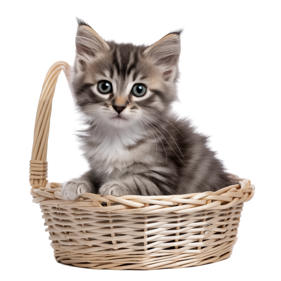 Cute Kitten Sitting In A Wicker Basket On A Transparent Background Looking Forward png