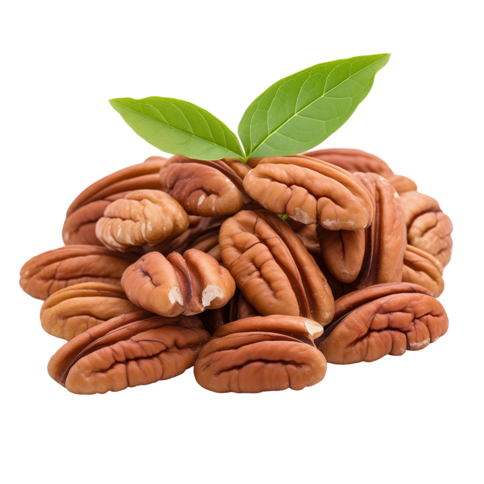 Pile Of Fresh Pecan Nuts With Green Leaves On A Transparent Background Closeup View png