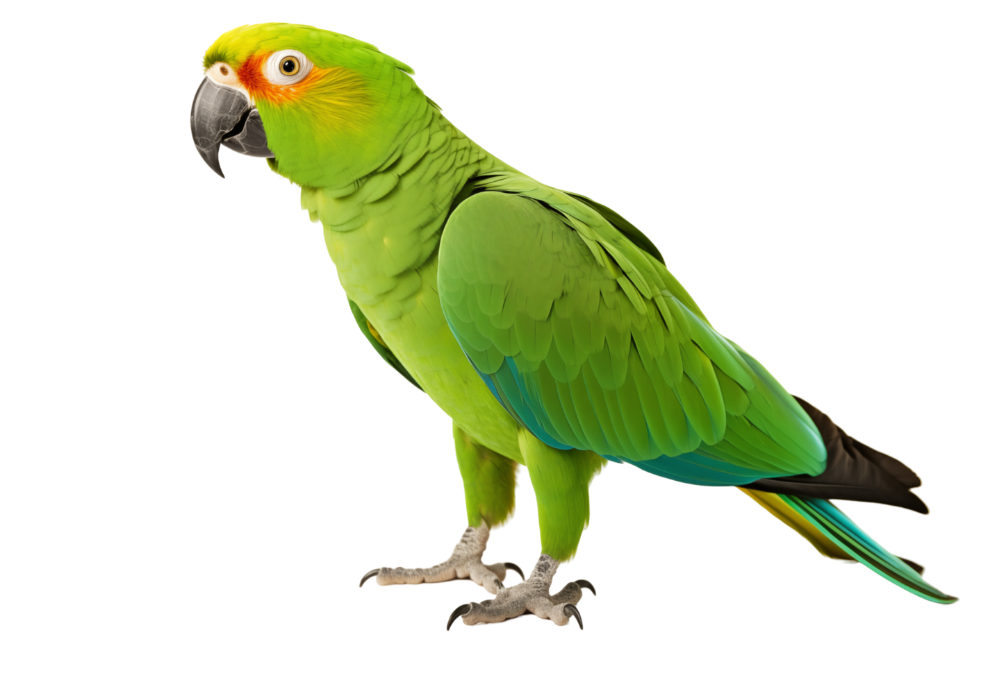 Colorful Amazon Parrot With Vibrant Green Feathers And Black Beak Perched On Transparent Background png