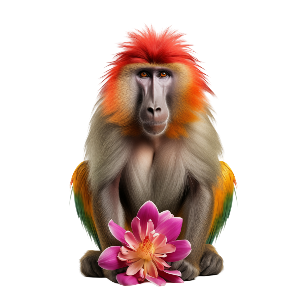 Colorful Baboon With Red Fur And Pink Flower Sitting Calmly On White Background png