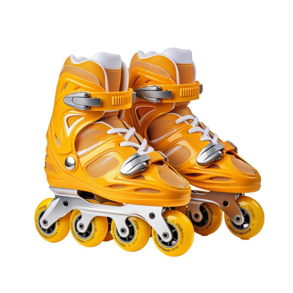 Pair Of Bright Yellow Inline Skates With Four Wheels Each Isolated On A Transparent Background png