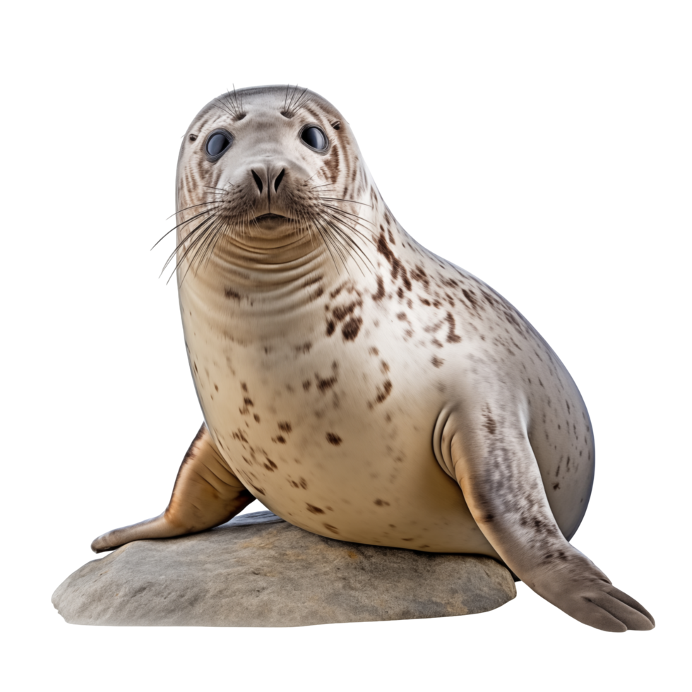 Cute Spotted Seal Sitting On A Rock With Curious Expression On Transparent Background png