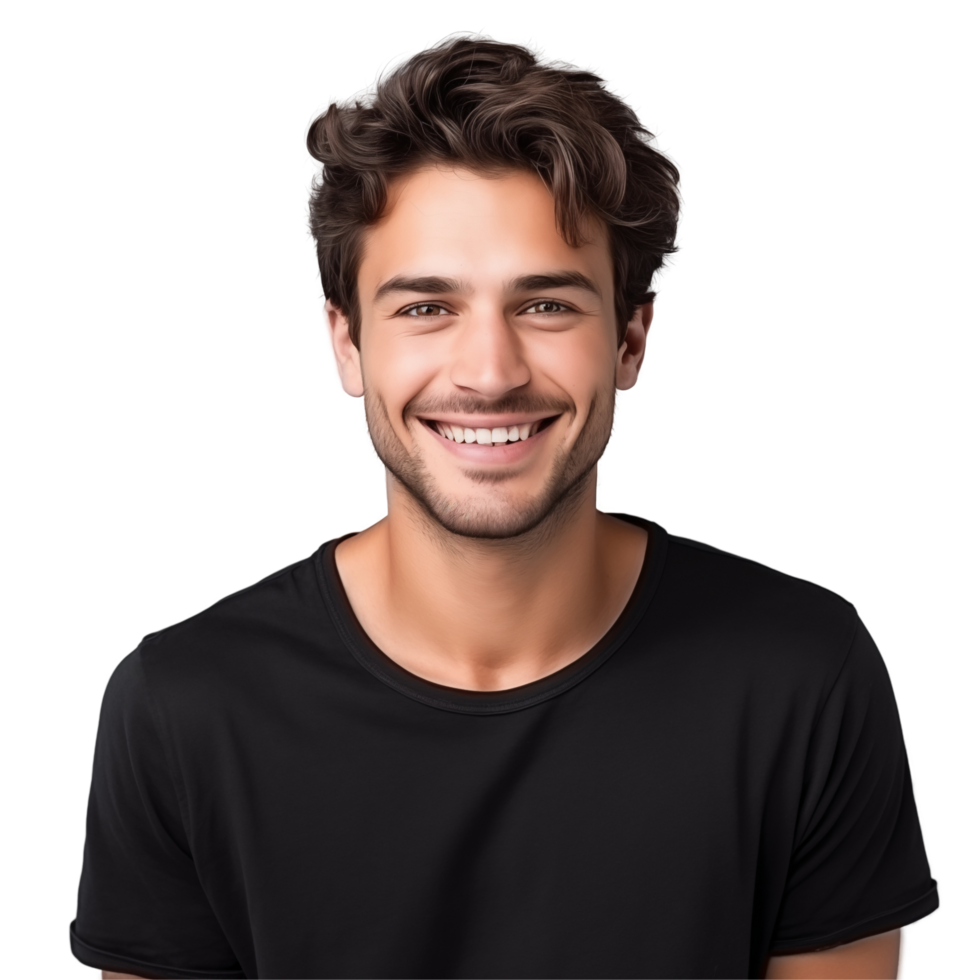 A man in a black t - shirt smiling png