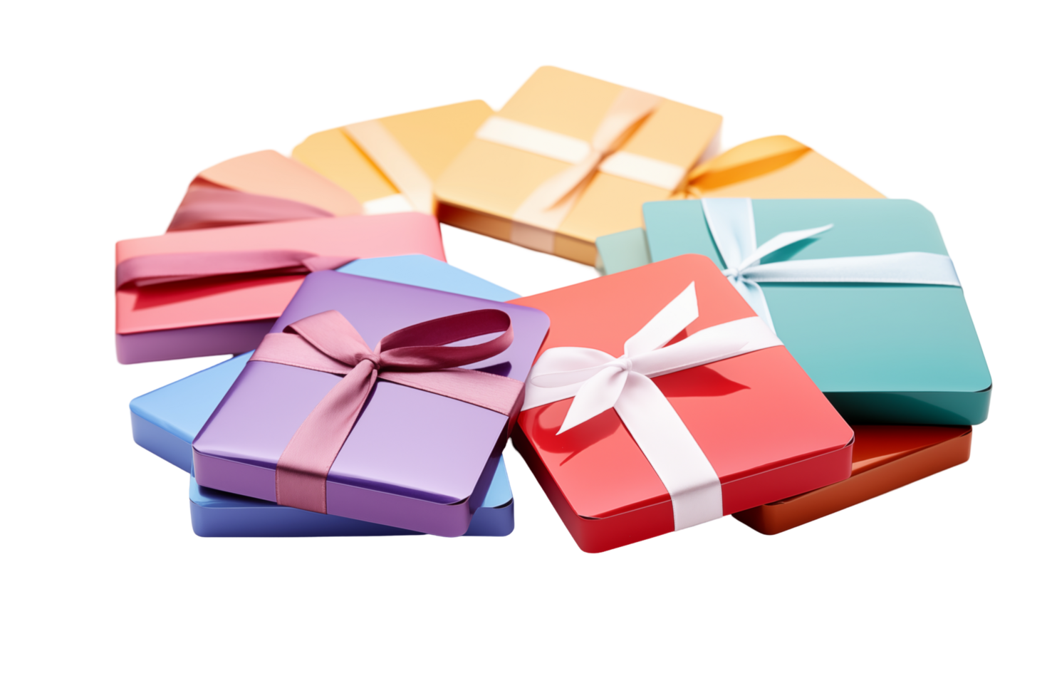 Colorful Gift Boxes Wrapped With Ribbons Arranged In Circular Pattern png