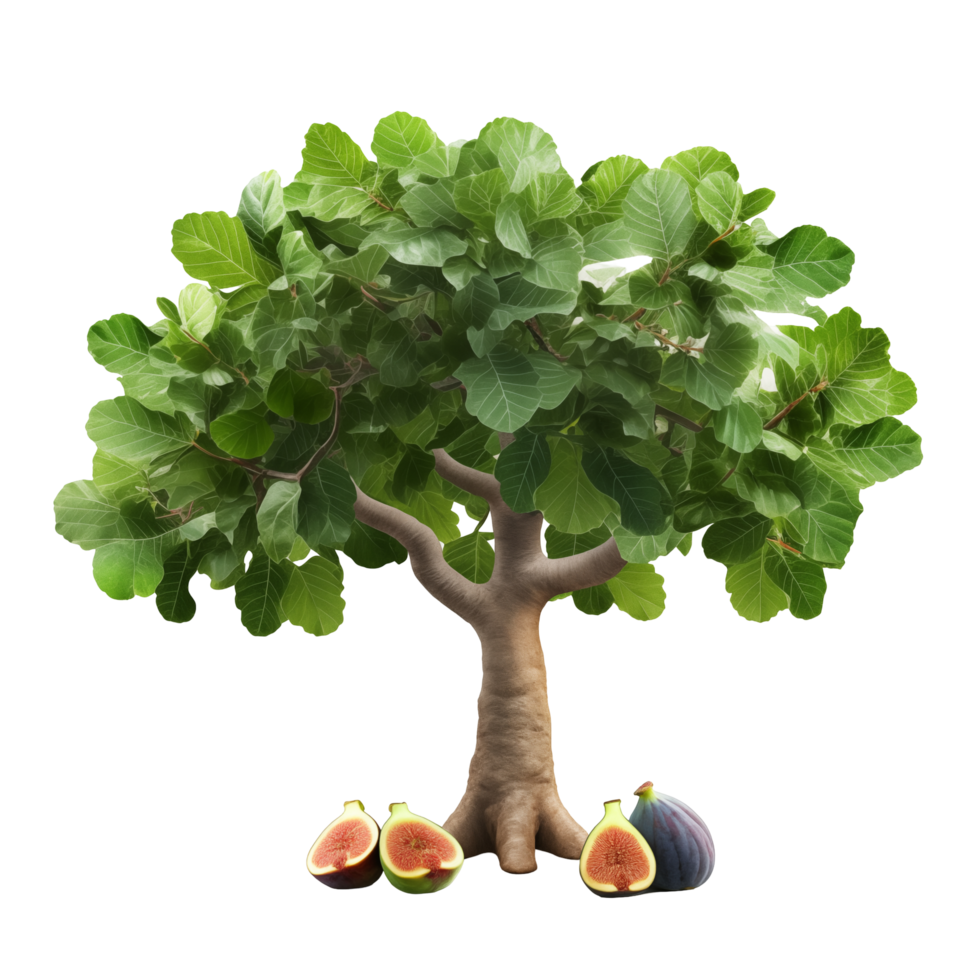 Large Fig Tree With Green Leaves And Fresh Figs On The Ground Isolated On Transparent Background png