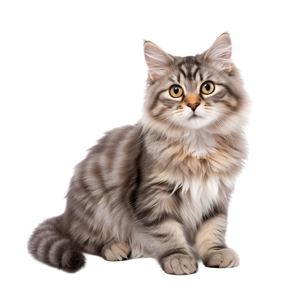 Fluffy Maine Coon Cat Sitting and Staring Intently on White Studio Background png