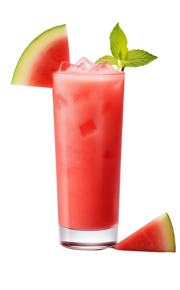 Refreshing Watermelon Juice with Ice Cubes and Mint Leaves in Tall Glass On Transparent Background png
