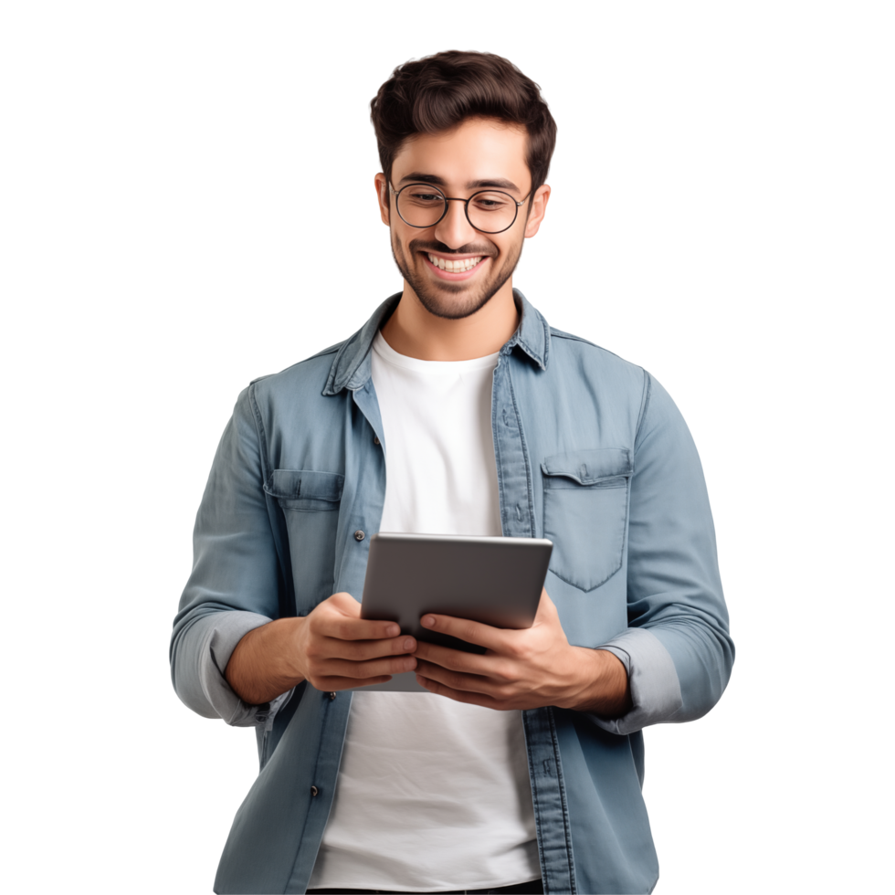 Smiling Man in Casual Outfit Holding Tablet On Transparent Background for Digital Use png