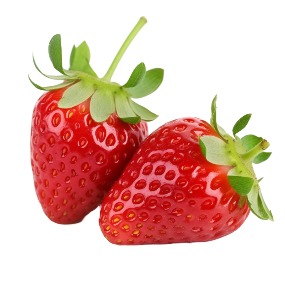 Two Fresh Red Strawberries With Green Leaves Isolated On Transparent Background png