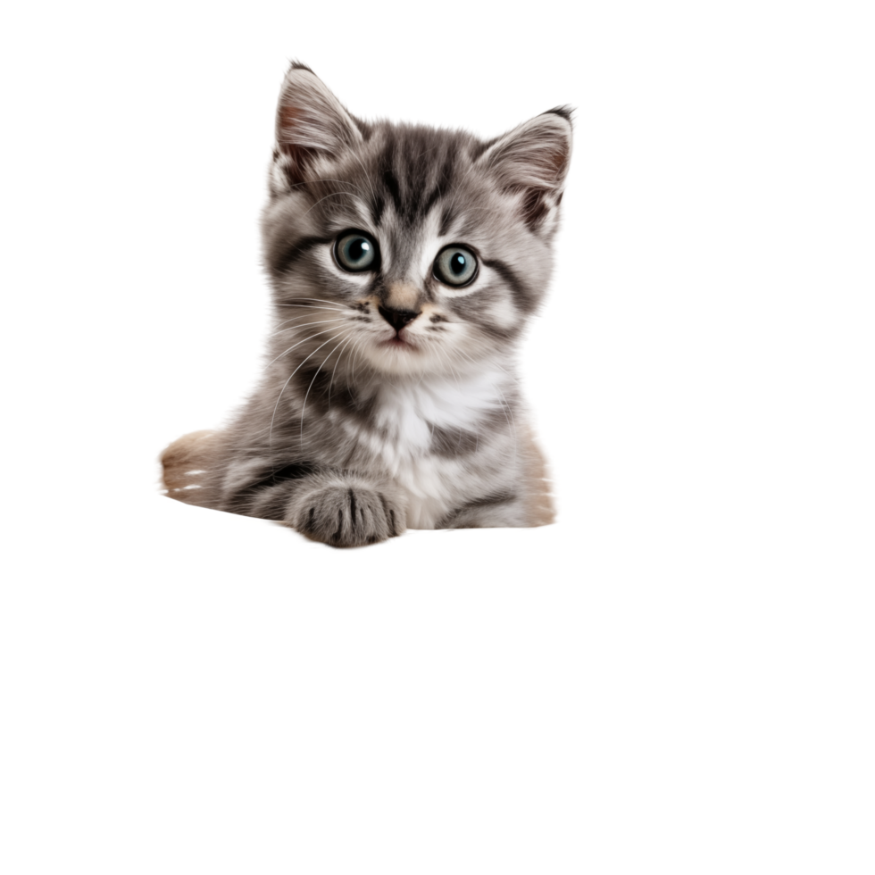 Cute Gray Kitten Sitting In Woven Basket Looking Up Isolated On Transparent Background png