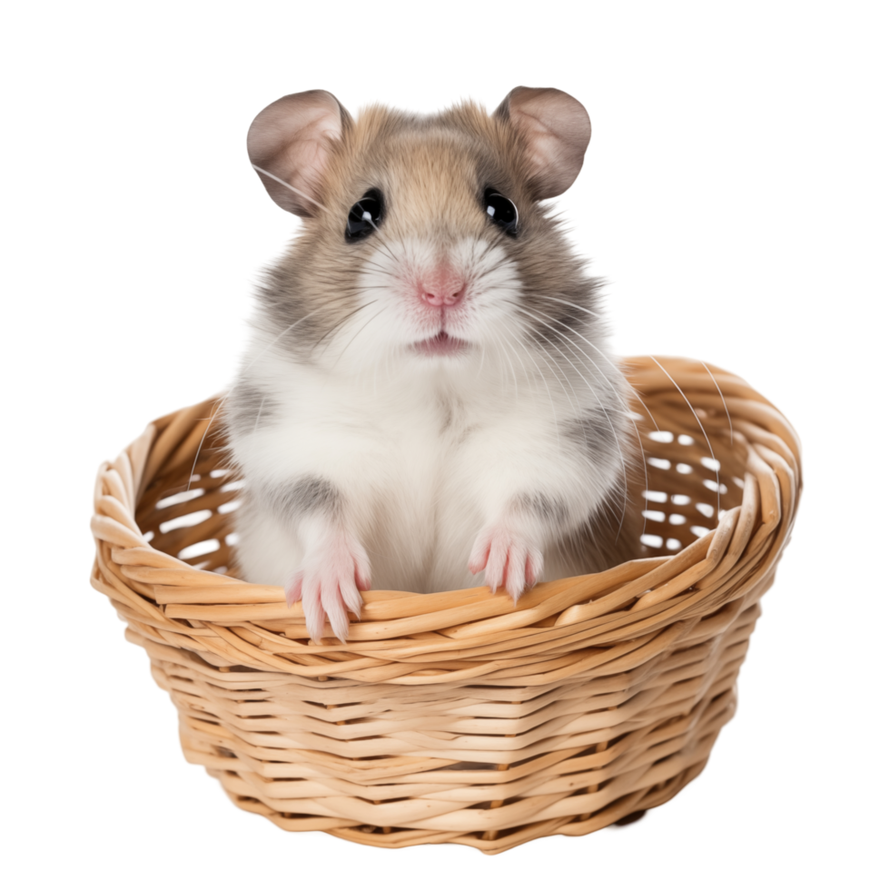Cute Hamster Sitting In A Wicker Basket On Transparent Background png