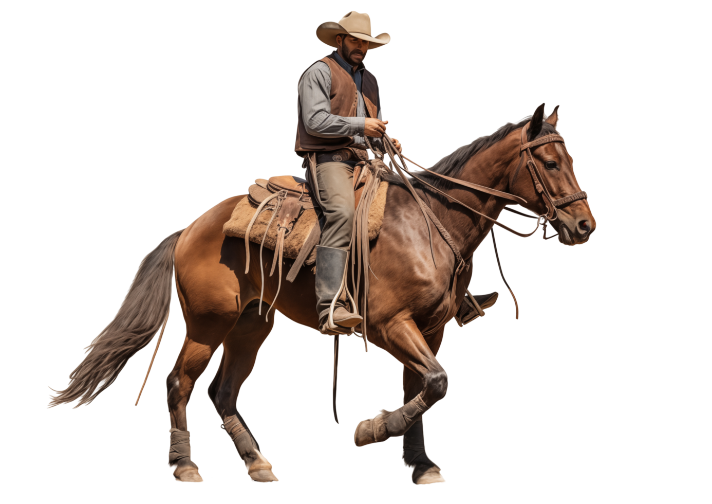 Cowboy Riding A Brown Horse In Full Gear Isolated On Transparent Background png