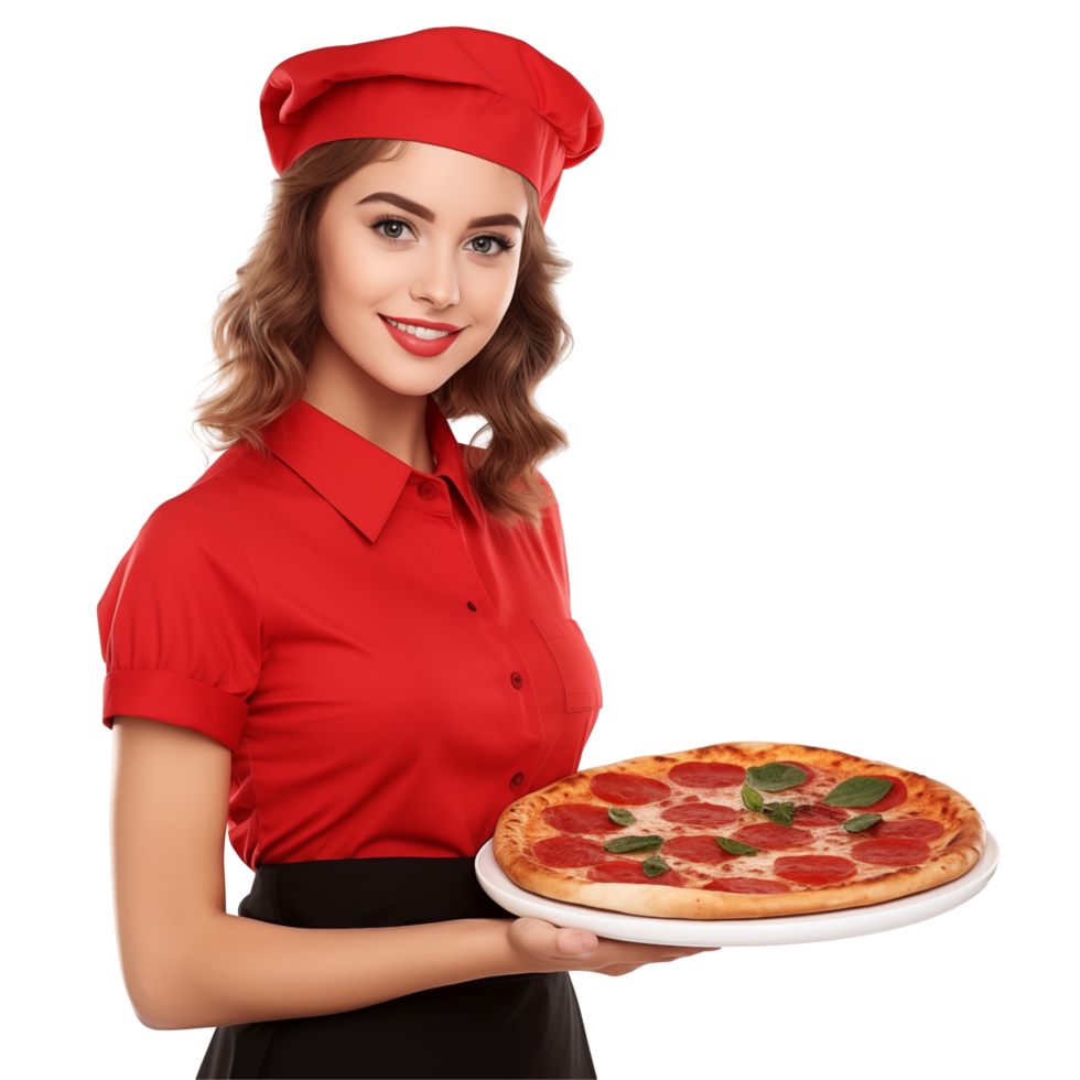 Smiling Pizza Chef In Red Uniform Holding A Freshly Baked Pizza png