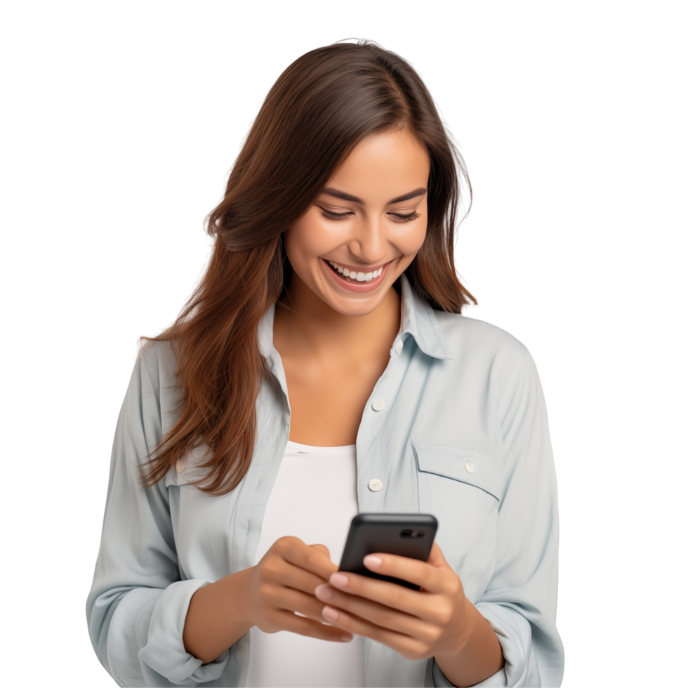 Smiling Woman Using A Smartphone Isolated On A Transparent Background png