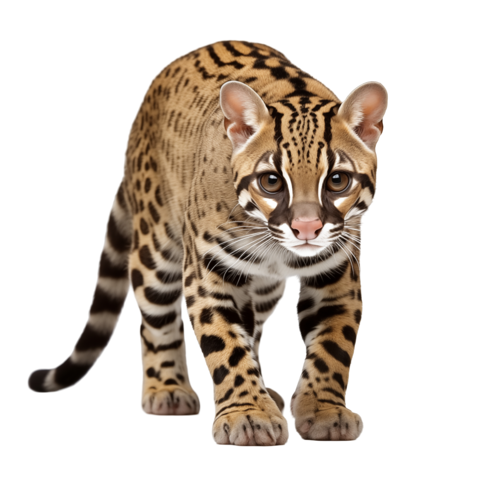 Ozelot wild Katze Gehen auf transparent Hintergrund im voll Körper Schuss png