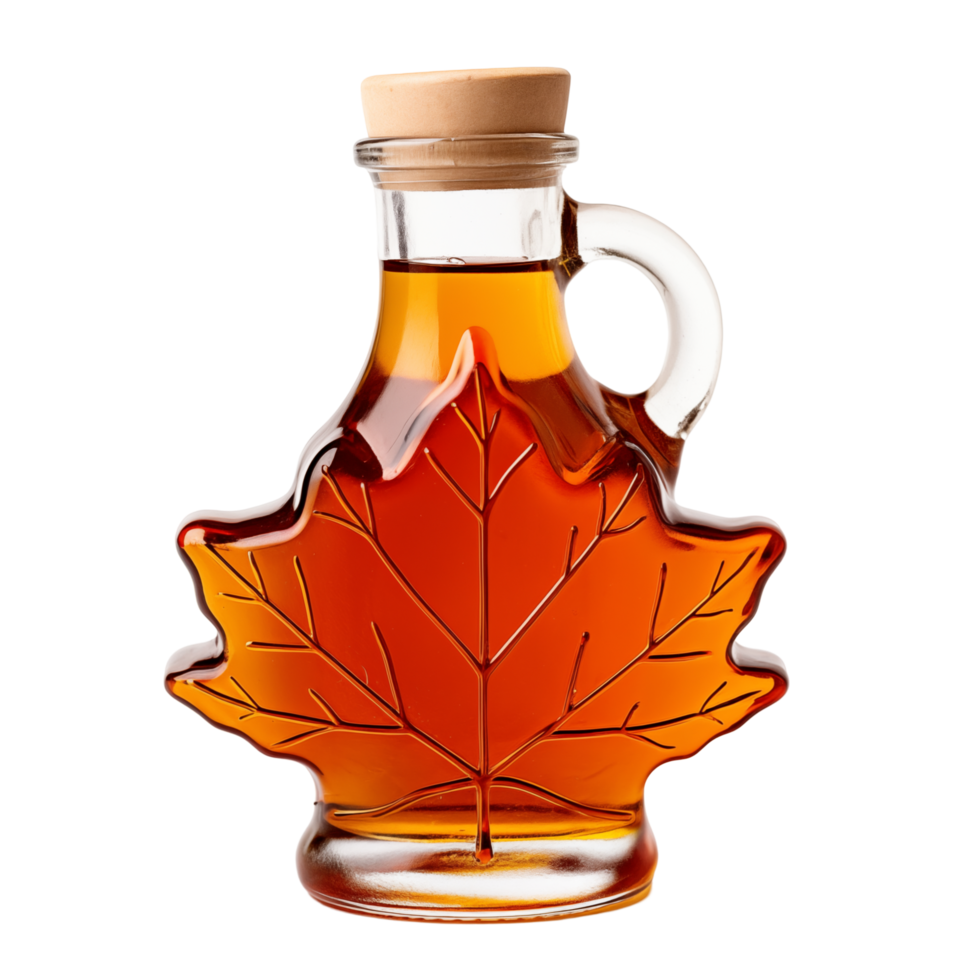 Maple Syrup In A Glass Bottle Shaped Like A Maple Leaf On Transparent Background png