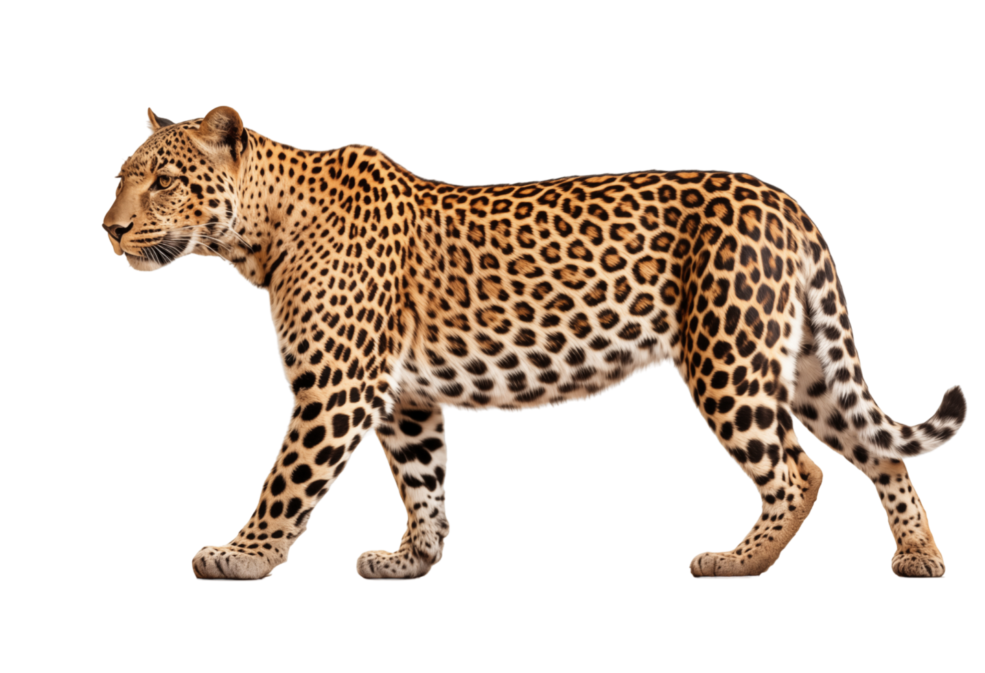Side View Of A Leopard Walking Gracefully On A Transparent Background png