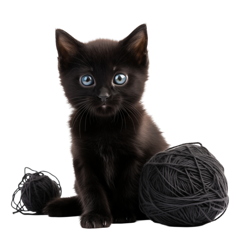 Adorable Black Kitten Sitting With Yarn Balls On Transparent Background png