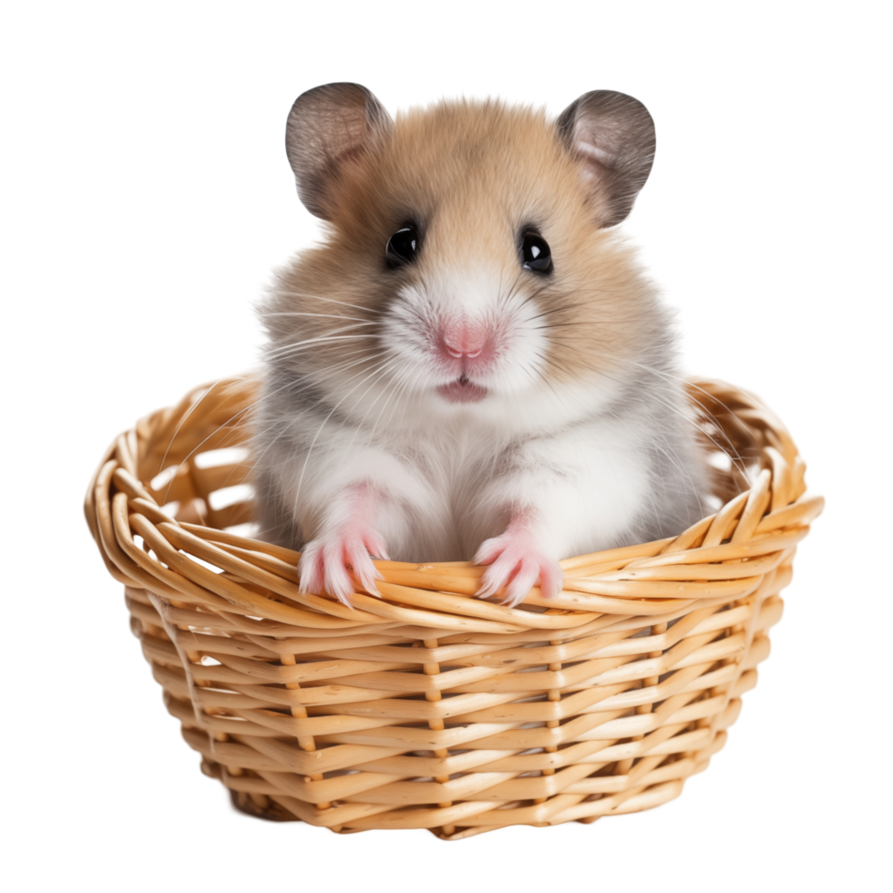 Cute Hamster Sitting In A Small Wicker Basket On Transparent Background png