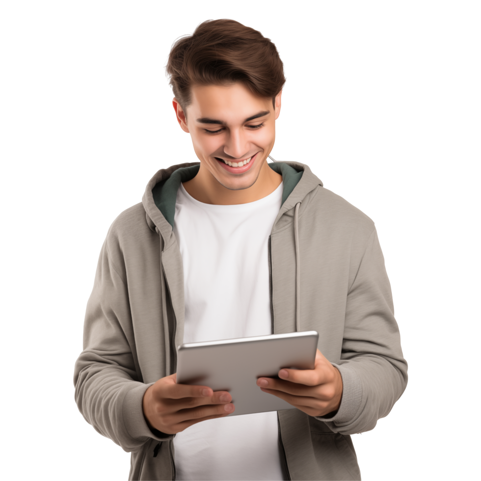 Young Man Smiling While Using A Tablet Device Isolated On Transparent Background png