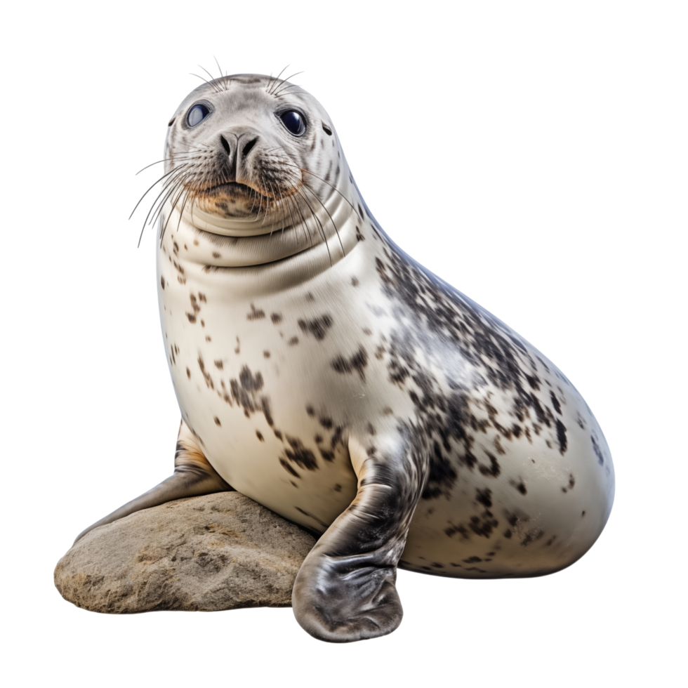 Adorable Spotted Seal Sitting On A Rock Isolated On Transparent Background png