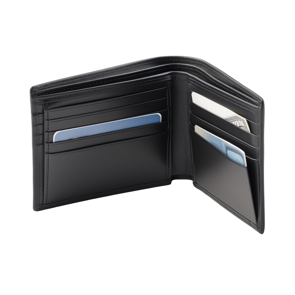A black wallet with two credit cards in it png