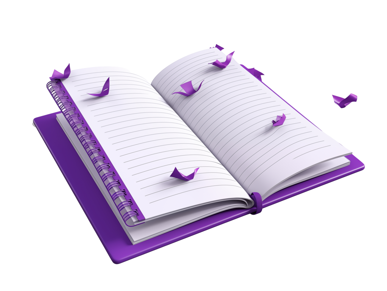 Purple Spiral Notebook With Open Pages And Flying Paper Bird Decorations Isolated On Transparent Background png