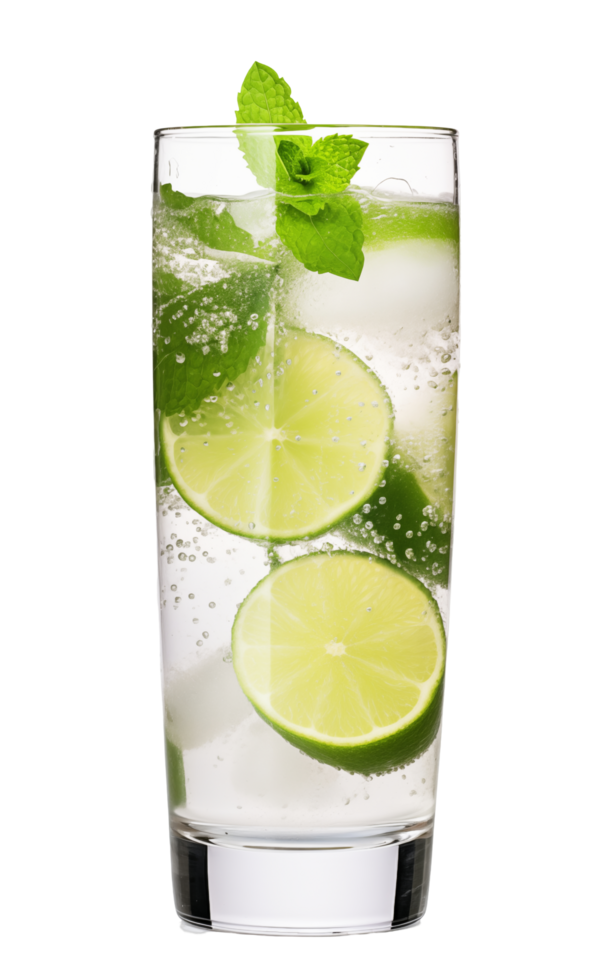 Refreshing Mojito Cocktail With Lime Slices, Mint Leaves, And Ice Cubes In A Tall Clear Glass Isolated On Transparent Background png