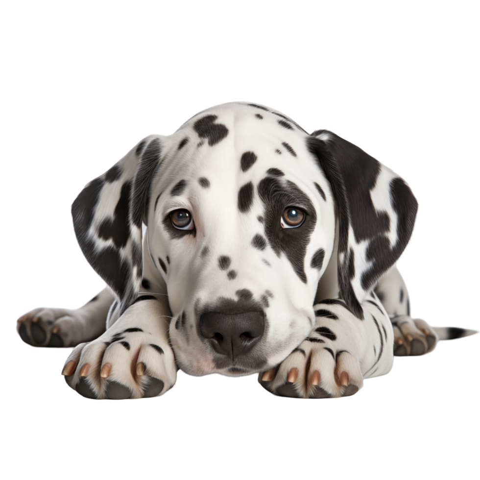 Adorable Dalmatian Puppy Lying Down With Sad Eyes Isolated On White png
