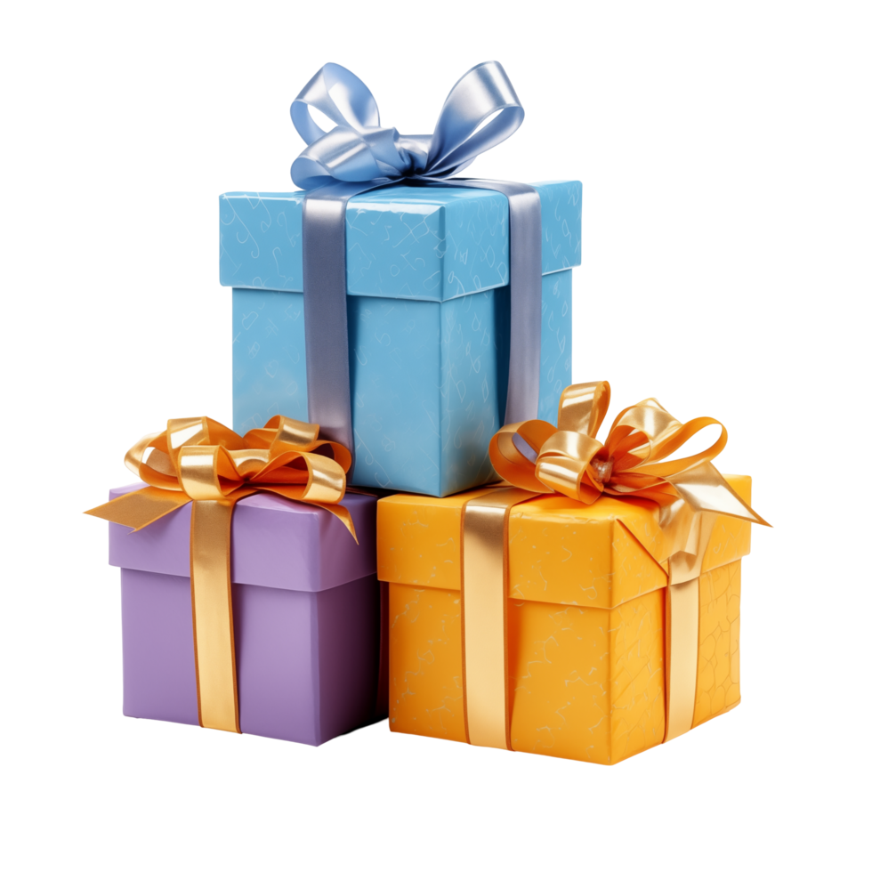 Stack Of Three Colorful Gift Boxes With Satin Ribbons On Transparent Background png
